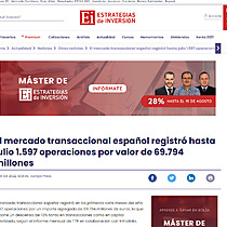 El mercado transaccional espaol registr hasta julio 1.597 operaciones por valor de 69.794 millones